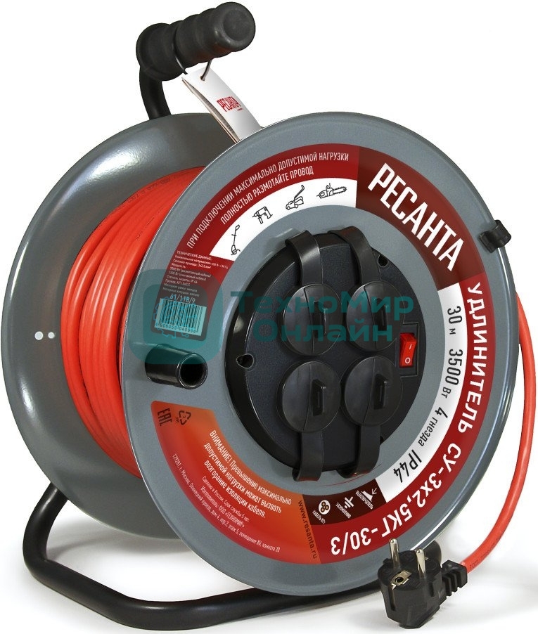 Удлинитель силовой Ресанта СУ-3х2,5КГ-30/3 (61/118/9) 2x1.0 кв.мм 4 розет. 40 м ПВС катушка серый