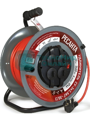 Удлинитель силовой Ресанта СУ-3х2,5КГ-30/3 (61/118/9) 2x1.0 кв.мм 4 розет. 40 м ПВС катушка серый