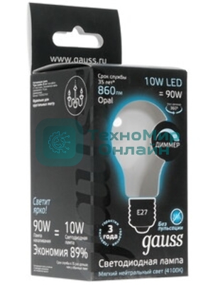 Лампа светодиодная Gauss Filament A60 E27 10Вт 4100К OPAL диммир