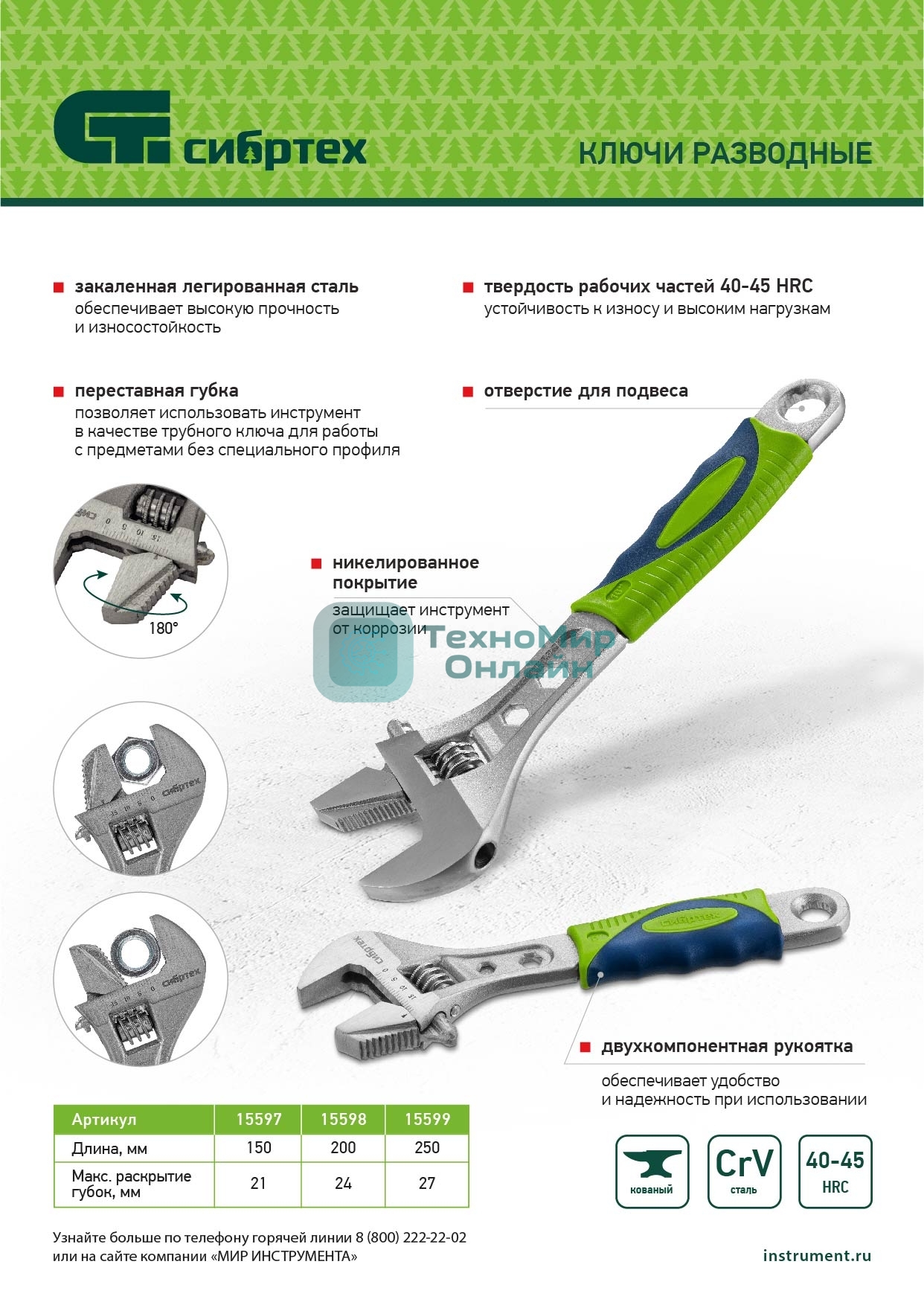 Ключ разводной, 200мм, переставная губка, двухкомпонентная рукоятка Сибртех
