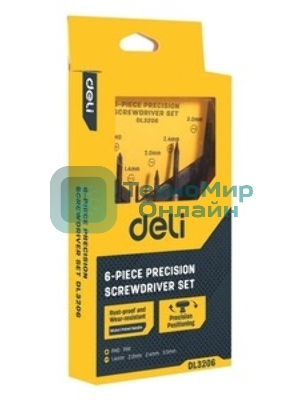Набор прецизионных отвертокDeli DL3206 6 шт Набор прецизионных отверток из 6 предметов: 2 шт. Philips: PH1, PH04 шт. Шлиц: 1,4 мм, 2,0 мм, 2,4 мм, 3,0 мм. Cr-V. Черная отделка.