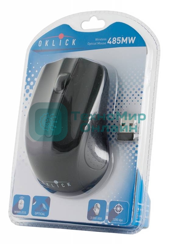 Мышь беспроводная Oklick 485MW черный, 1200 dpi, радиоканал, USB, кнопки - 3