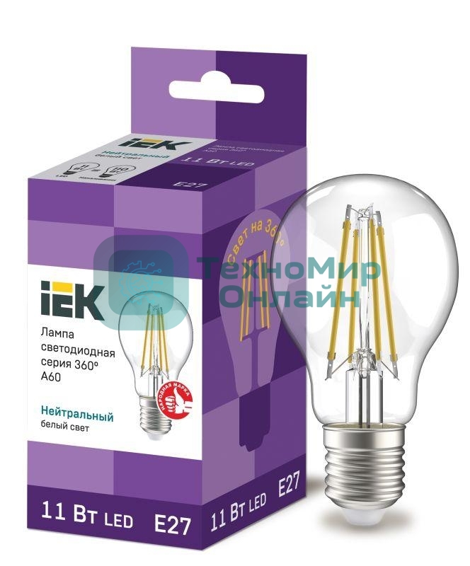 Лампа cветодиодная LED A60 шар прозр. IEK LLF-A60-11-230-40-E27-CL 11Вт 230В 4000К E27 серия 360°