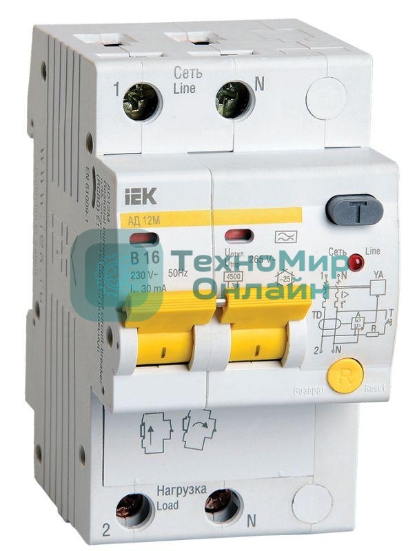 Выключатель автоматический дифференциального тока 2п B 16А 30мА тип A 4.5кА АД-12М IEK MAD12-2-016-B-030