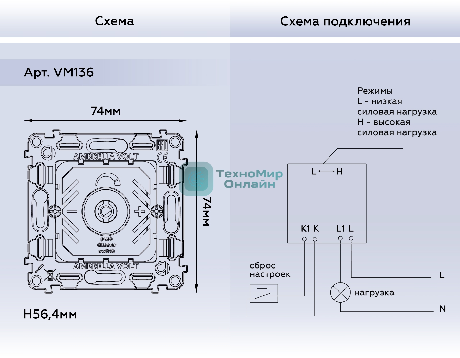 Механизм светорегулятора универсального поворотно-нажимного 25-600W/LED 5-300W QUANT (EXTRA CONTROL) VM136