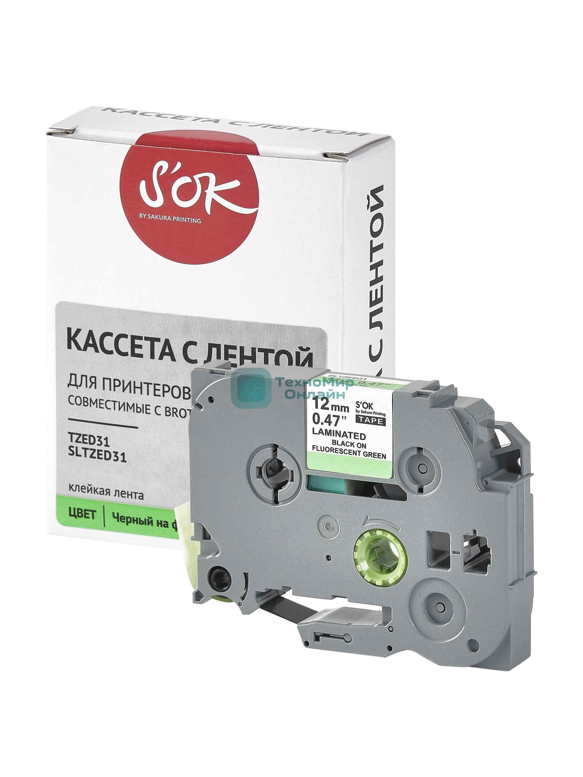Кассета с лентой S'OK by Sakura Printing TZED31 для Brother, черный на зеленом, 12мм/8м, наклейка