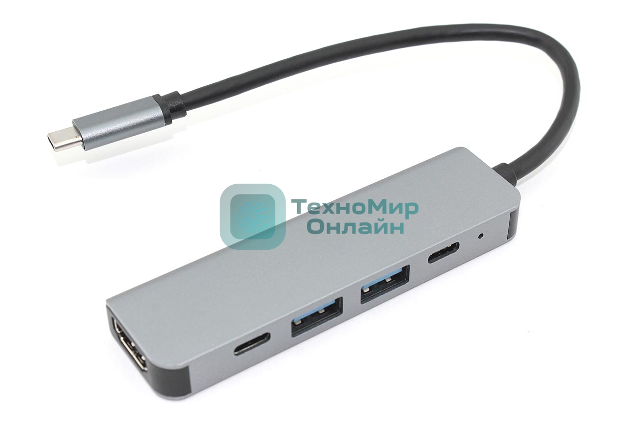 Адаптер Type-C на HDMI, USB 3.0*2 + 2 Type-C для MacBook, серый