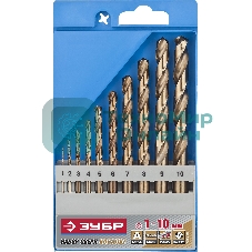 Набор сверл по металлу, Зубр КОБАЛЬТ 10 шт (1-10 мм), сталь Р6М5К5, класс А