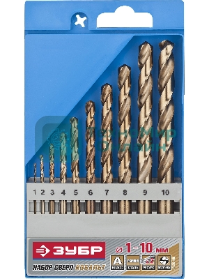 Набор сверл по металлу, Зубр КОБАЛЬТ 10 шт (1-10 мм), сталь Р6М5К5, класс А