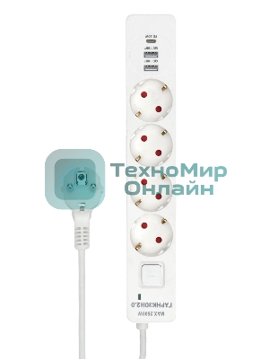 Сетевой фильтр Гарнизон EPS-OP-4-CU2-W-2 2.0 Мультипорт 4 р, 10А, 1xType-C PD, 2 х USB QC, 4 м, ур.защиты 4+, белый, пак (21449)