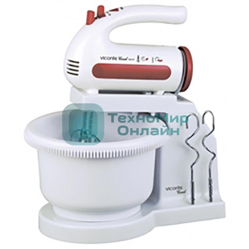 Миксер Viconte VC-352 Coral вращающаяся чаша мощность 300 Вт крючки для замешивания теста, венчик для взбивания специальное место для насадок кнопка отсоединения насадок