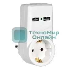 белый адаптер Т-01/01 1 место 2P+PE 16А 2хUSB 2,1A IEK