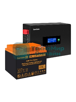 Комплект Источник бесперебойного питания EX295993RUS + батарея 45Aч EX285666RUS 1шт (инвертор, синус, для котла, PF=1, настенный) ExeGate IdealSine SR-1000.LCD.2SH <1000VA/1000W, чистая синусоида, цветной LCD-дисплей, 2*Schuko, крепление настенное, черный> + батарея ExeGate HRL 12-45 (12В, 45А·ч) 1шт