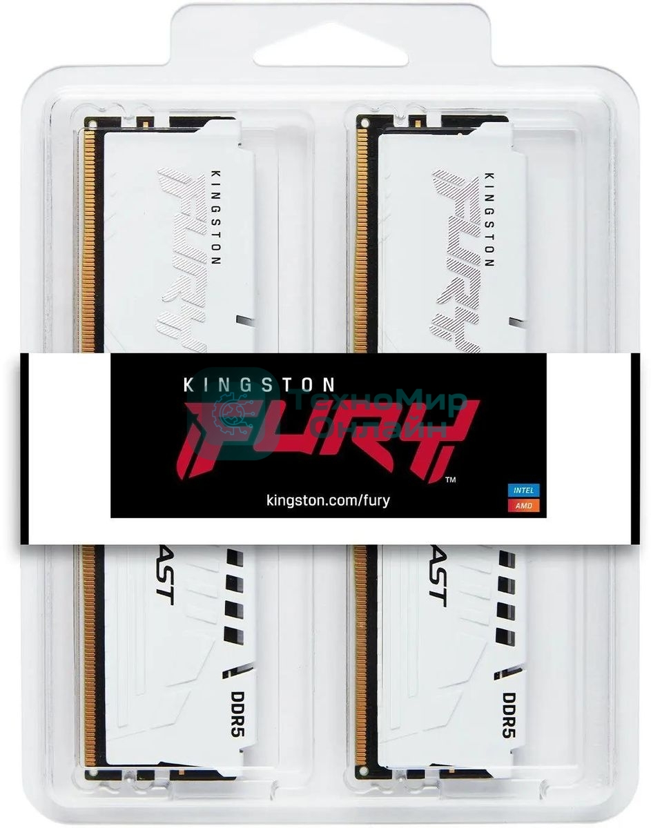 Оперативная память Kingston Fury Beast, DDR5, 64Gb (2x32GB), 5200MHz, CL40, DIMM, с радиаторами, белый