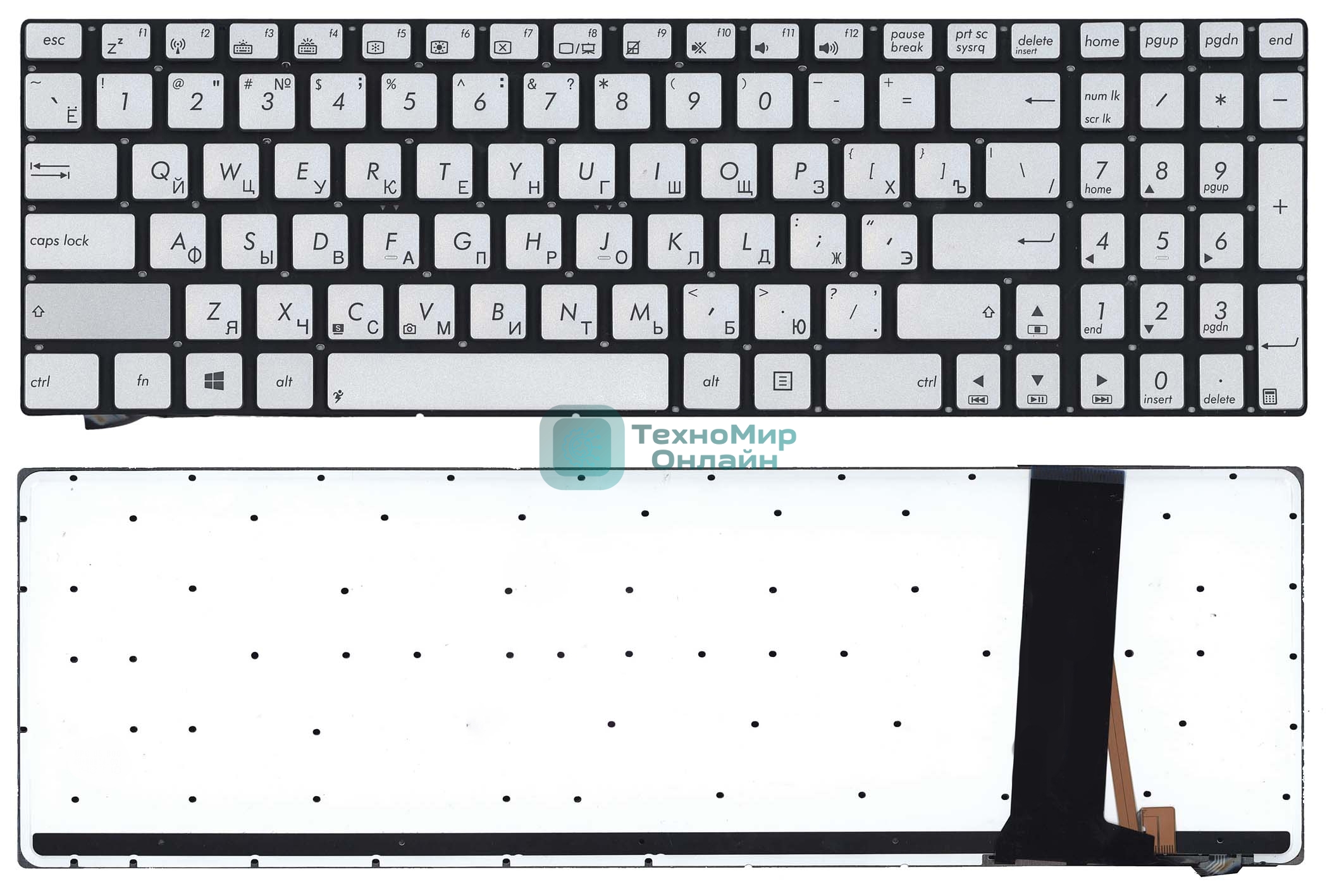 Клавиатура для ноутбука Asus N550 серебристая с подсветкой