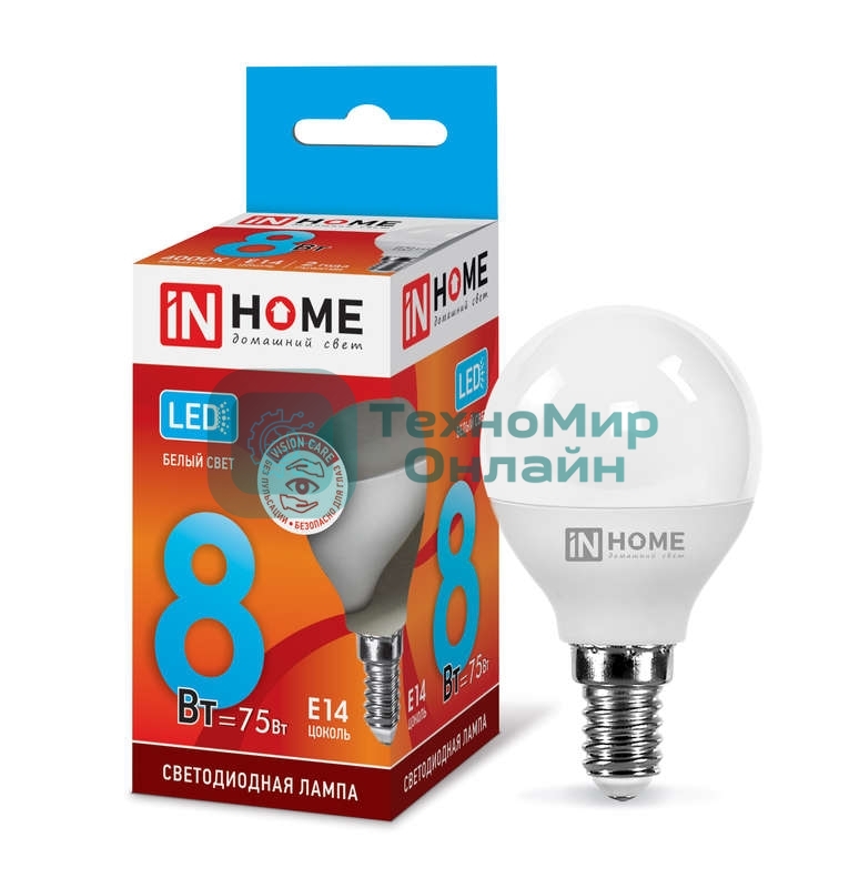 Лампа светодиодная LED-ШАР-VC 8Вт 230В E14 4000К 720лм IN HOME 4690612020556