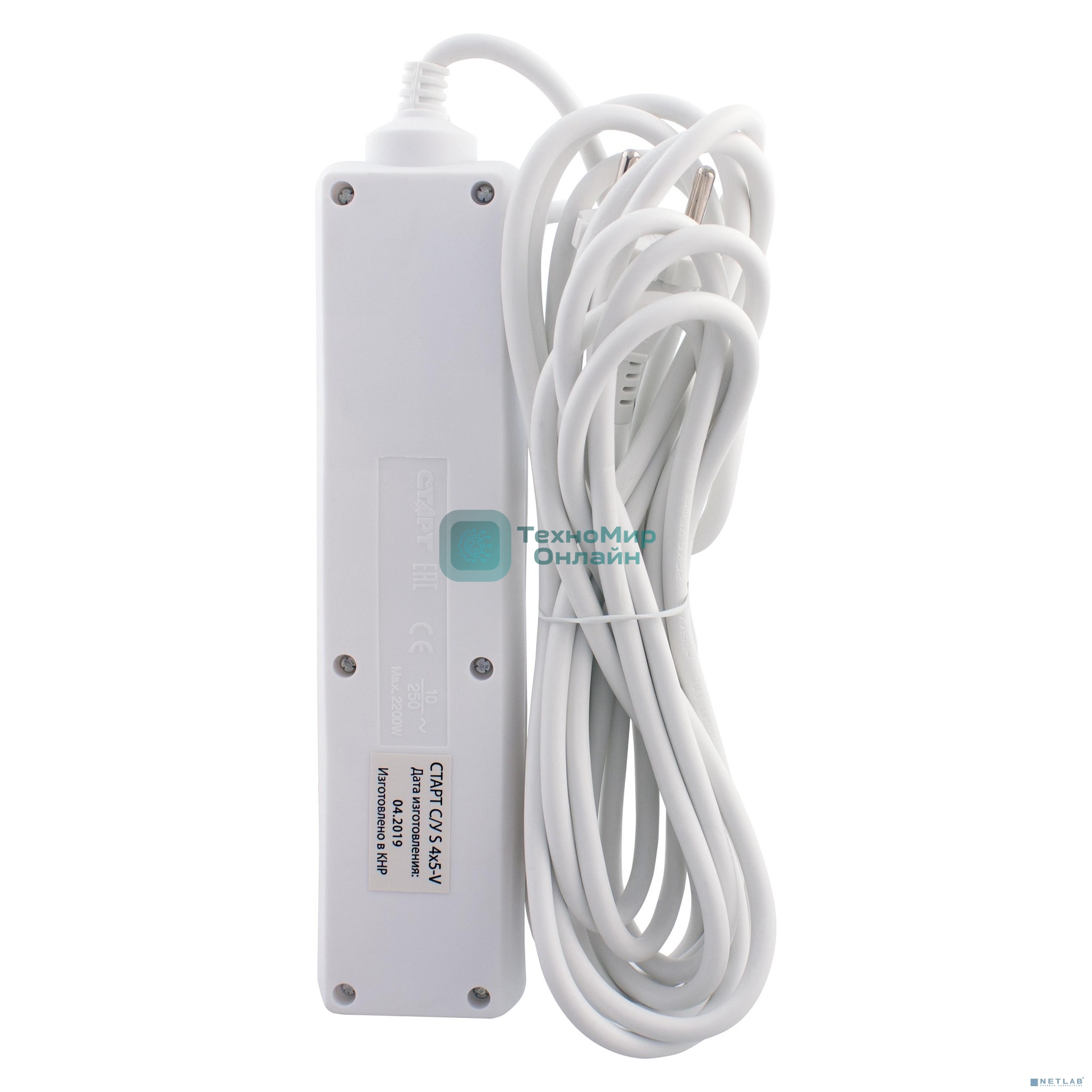 Удлинитель 4 розетки СТАРТ (4670012297765) С/У S 4x5 -V. Заземления нет. Кнопка включения. Длина провода 5,0 м