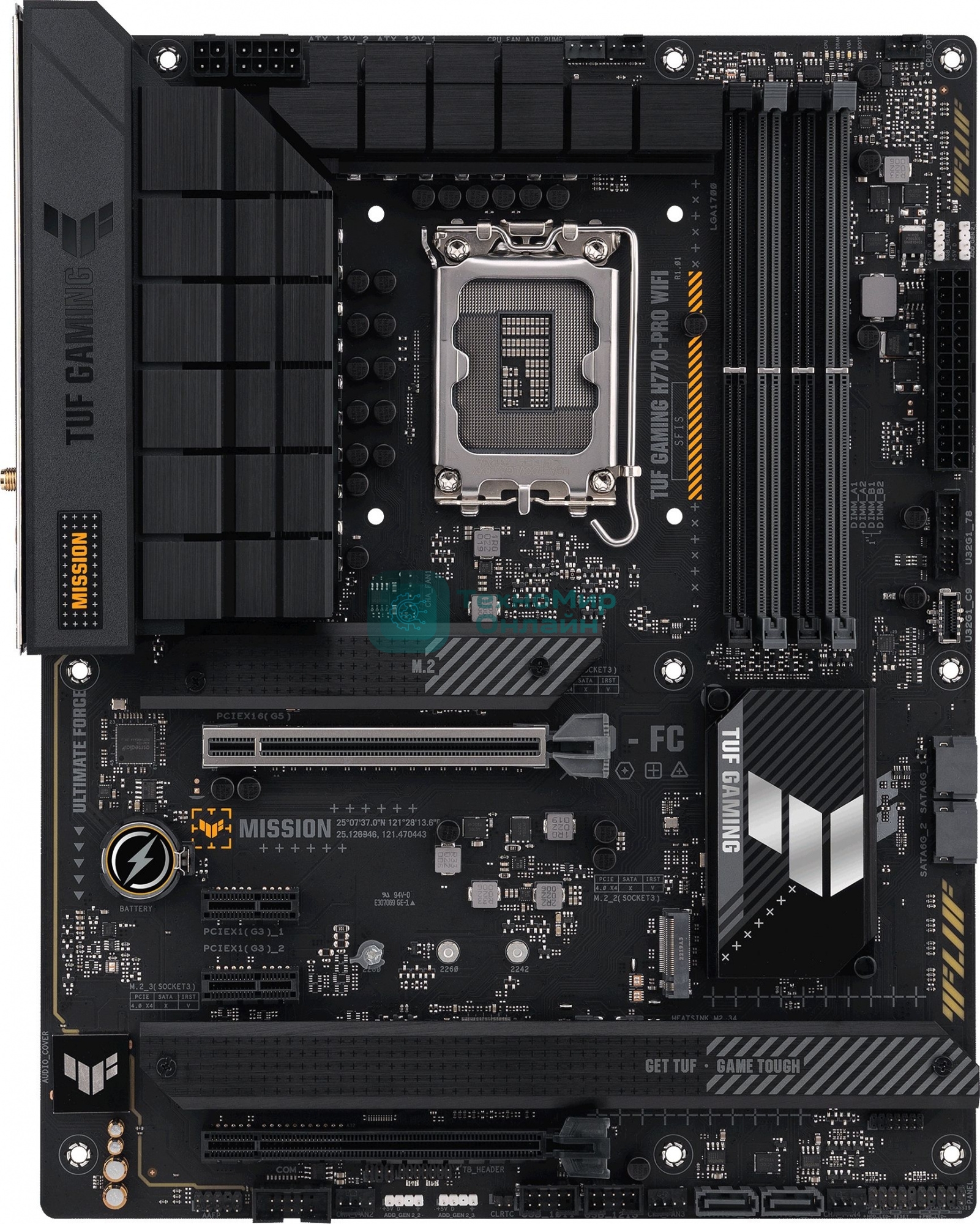 Материнская плата ASUS TUF GAMING H770-PRO WIFI, LGA 1700, Intel H770, 4xDDR5, 4xSATA, 4xM.2, 1xPCIe 5.0 x16, 1xPCIe 4.0 x4, 2xUSB-A 3.2 Gen 2, 4xUSB-A 3.2 Gen 1, 1xUSB-C 3.2 Gen 2x2, 1x2.5Gb LAN, 5x3.5 мм, 7.1, Standard-ATX