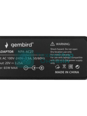 Блок питания Gembird для ноутбуков Lenovo NPA-AC27 20В/3,25А, 65Вт, штекер Flat