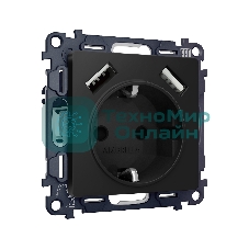 Комплект механизма электрической розетки ALFA Черный матовый 2USB A+A 18W (быстрая зарядка) с/з QUANT (AP8090, VM155) MA809010