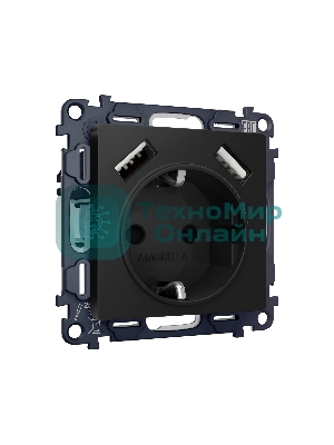 Комплект механизма электрической розетки ALFA Черный матовый 2USB A+A 18W (быстрая зарядка) с/з QUANT (AP8090, VM155) MA809010