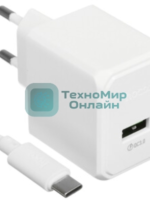 Зарядное устройство Hoco 18Вт, 3А, QC3.0, 1xUSB + кабель USB/Type-C, CS12A, белый, блистер