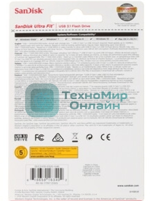 Флешка USB Sandisk CZ430 Ultra Fit (SDCZ430-032G-G46), 32Gb, USB 3.1, R/W 130/40, черный