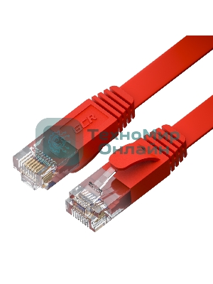 Патч-корд GCR PROF плоский прямой 10.0m, UTP медь cat.6, красный, 30 AWG, ethernet high speed 10 Гбит/с, RJ45, T568B, GCR-52851