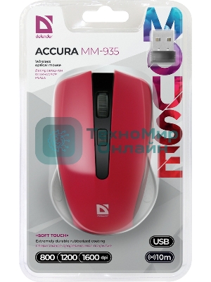 Мышь беспроводная Defender Accura MM-935 красный, 1600 dpi, радиоканал, USB, кнопки - 4