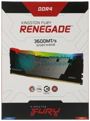 Оперативная память Kingston Fury Renegade, DDR4, 32Gb (4x8GB), 3600MHz, CL16, DIMM, с радиаторами, RGB, серебристый/черный