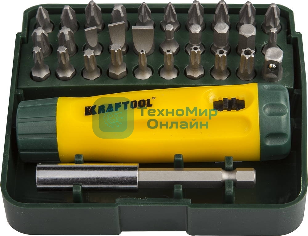 Набор KRAFTOOL Отвертка реверсивная с битами и адаптером, Cr-V, 32 предмета 26142-H32