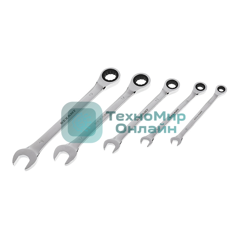 Набор ключей комбинированных трещоточных Rexant (8, 10, 13, 17, 19 мм), 5 шт., CrV, зеркальное хромирование