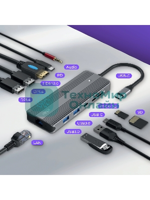 USB-концентратор HIPER Docking station USB-C HUB 11in1 (1*USB-C 100W PD, 1*HDMI 4K@60Hz, 2*DP 4K@60Hz, 2*USB-A 3.0 (5Gbps data), 1*USB-C 3.0 (5Gbps data), 1*microSD, 1*SD, 1*3.5мм audio, 1*RJ45 GB)