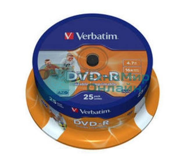 Диск DVD-R Verbatim 4.7Gb 16x Cake Box (25шт) Printable (43538)