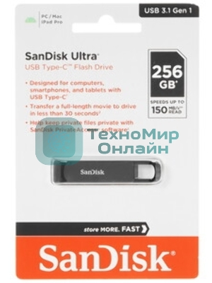 Флешка USB Sandisk CZ460 Ultra (SDCZ460-256G-G46), 256Gb, USB 3.1 Type-C, R/W 150/30, черный