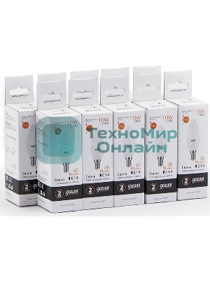 Лампа светодиодная Gauss Elementary 10Вт цок.: E14 свеча 220B 3000K св. свеч. белый теп. C37 (упак.: 10 шт)