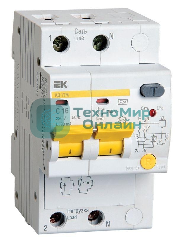 Выключатель автоматический дифференциального тока IEK MAD12-2-016-C-030 АД12М 2Р С16 30мА IEK