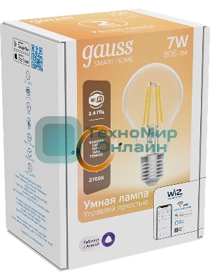 Лампа светодиодная филаментная Gauss Smart Home DIM E27 A60 7 Вт 1/10/40