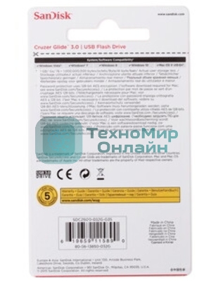 Флешка USB Sandisk CZ600 Cruzer Glide (SDCZ600-032G-G35), 32Gb, USB 3.0, R/W 100/20, черный