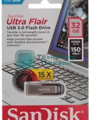 Флешка USB Sandisk CZ73 Cruzer Ultra Flair (SDCZ73-032G-G46), 32Gb, USB 3.0, R/W 150/45, серебристый/черный