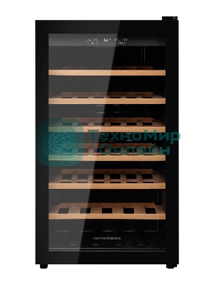 Винный шкаф Kuppersberg RSW 82, отдельностоящий, High-Tech, объем 128 л, вместимость 40 бутылок, диапазон температуры 5-20 градусов, механическое открытие двери, 6 полок из бука, LCD дисплей, уровень шума 38 дБ, черный