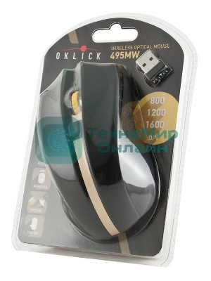 Мышь беспроводная Oklick 495MW черный/золотистый, 1600 dpi, радиоканал, USB, кнопки - 6