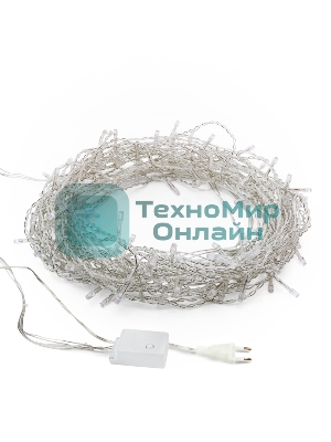 Гирлянда светодиодная универсальная 100 LED БЕЛЫЙ 10 метров, прозрачный ПВХ, с контроллером