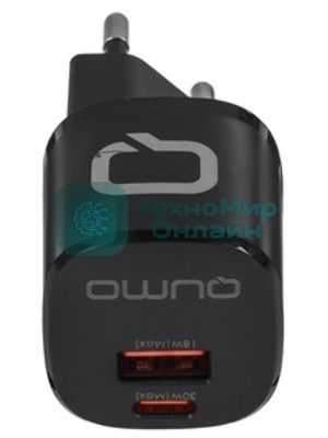 Сетевое зарядное устройство Qumo Energy GaN Mini PD 30W (Charger 0072), два порта: Type-C PD + USB-A QC3.0, черный