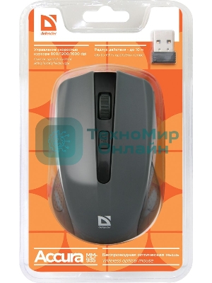 Мышь беспроводная Defender Accura MM-935 серый, 1600 dpi, радиоканал, USB, кнопки - 4