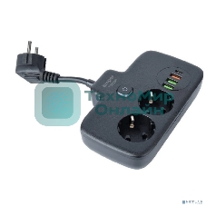 Сетевой удлинитель Amper 0,2 м, 2 розетки, 3*0,75 мм, 10А, 2500 Вт, 3usb, 1 Type-C, 1кн, черный.