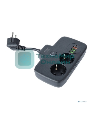 Сетевой удлинитель Amper 0,2 м, 2 розетки, 3*0,75 мм, 10А, 2500 Вт, 3usb, 1 Type-C, 1кн, черный.