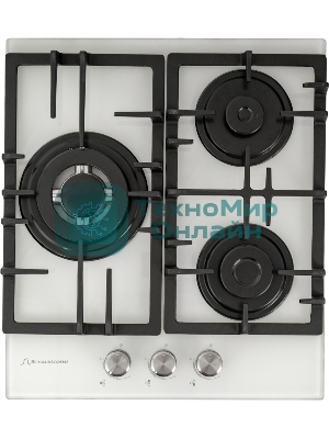 Газовая варочная поверхность закалённое стекло, Ширина 45 см, 3 газовые конфорки, 1 экономичная конфорка (0,9 кВт), 1 стандартная конфорка (1,7 кВт), 1 ВОК конфорка(3,5 кВт), Автоподжиг, Чугунные решетки, Жиклёры для баллонного газа, Газ-контроль, Цвет: белое стекло
