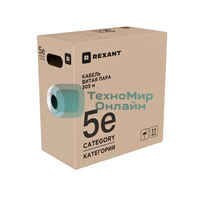 Кабель витая пара Rexant U/UTP, cat.5e, PE, 4х2х0,52 мм, 24AWG, OUTDOOR, SOLID, черный, 305м