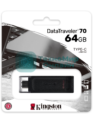 Флешка USB Kingston DataTraveler DT70 (DT70/64Gb), 64Gb, USB Type-C 3.2, R/W 70/45, черный